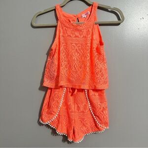 Chilipop girls orange romper with white Pom Pom trim size 10/12 M